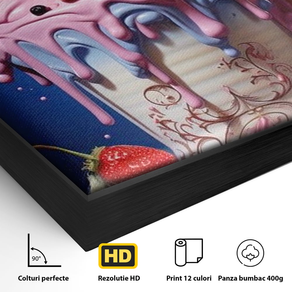 Detaliu al suprafetei: ilustratie digitala cu cupa de desert decorata cu trandafiri, in rama de aluminiu negru
